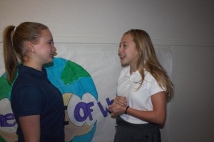 Kaitlyn Vogel and Kate Burgess, the newly-elected Campus Ministry Council chairs, discuss plans for the upcoming year.  Photo by Alexandria Principe