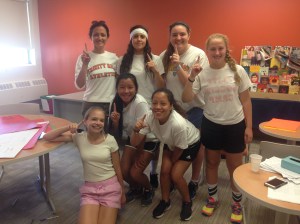 The White Team won the school's first Field Day competition on May 14. Pictured from L to R, F to B: Lizzy C., Kay F., Liszeth R., Madame Lehman, Malia W., Abby M. and Haley C., Photo by Alyssa Morreale.