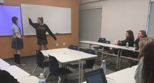 Senior Grace M. and junior Olivia D. rehearse a scene in Theater III. Photo by Nicole LoRusso