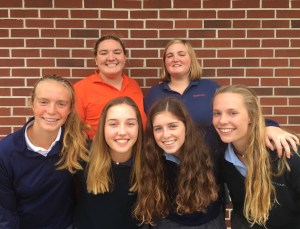 Students recently elected (front row, L to R) Colleen K. (freshmen), Kathryn O. (sophomores), Kailin B. (juniors) and Lily S. (seniors), as well as their (back row, L to R) student body vice president Abby M. and president Chloe T. Photo by Malia Wolf